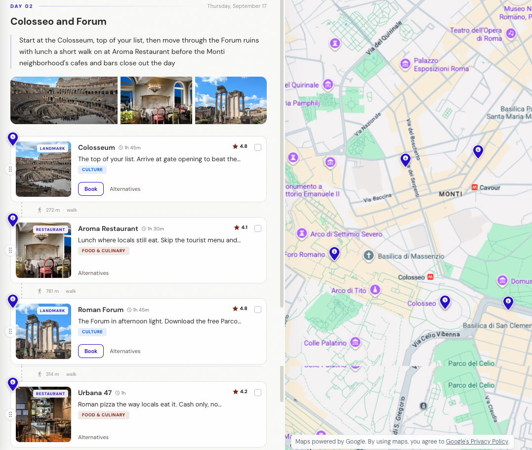 Full trip view: day line + activity cards + map, one clean day visible